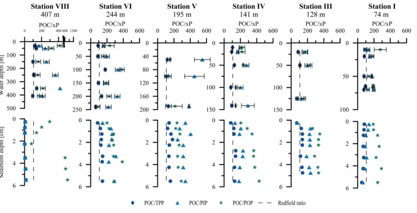 Fig. 2.2B Ratios of POC to TPP, PIP and POP (POC/xP) along the 12°S depth transect of water-column particles and surface sediments (0 – 5.5 cm depth) of station I to VIII (74 to 407  m)