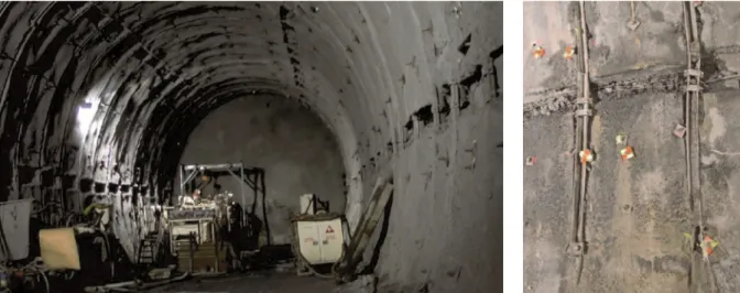 Figure 3.3.  Left: Support class ES6A of the Lötschberg Base Tunnel (eastern tube at km 28’759; Geo-  logical Group of the Lötschberg Base Tunnel 2008); right: buckled steel ribs (eastern tube at  km 30’421; IG-LBT 2009)