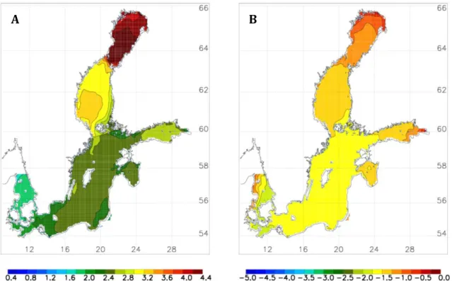 Figure 2: Changes in A) summer mean SST (°C) and B) annual mean SSS in the Baltic Sea  (g  kg -1 )  between  the  years  2069-2098,  calculated  using  the  ensemble  mean  variation  of  regional climate models (adapted from Meier et al., 2012)