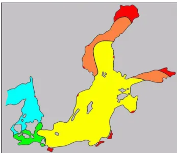 Figure  4:  Salinity  zones  in  the  Baltic  Sea.  Salinities  ranges  are  represented  by  different  colors: blue (26-33 psu);  green (8-26 psu);  yellow (5-8 psu); orange (2-5 psu) and red ( 0-2  psu) (adapted from Aladin &amp; Plotnikov, 2009)