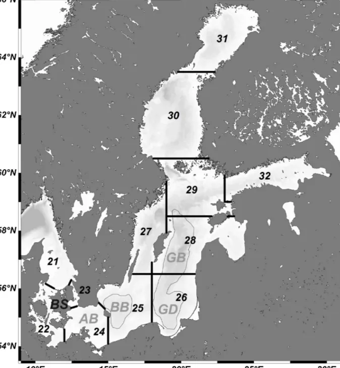 Fig. 1. ICES subdivisions (SD) in the Baltic Sea with spawning areas of ﬂounder, Platichthys ﬂesus, with pelagic eggs: BS − Belt Sea (SD 22), AB − Arkona Basin (SD 24), BB − Bornholm Basin (SD 25), GD − Gdansk Deep (SD 26), GB − Gotland Basin (SD 28).