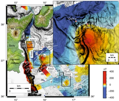 Fig. 2 Magnetic anomaly map derived from this study superimposed over a gray levels bathymetric slope map