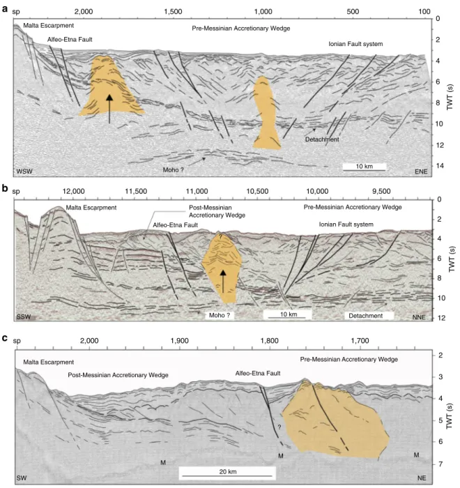 Fig. 3 Line drawings of time migrated MCS lines used for structural reconstructions in Areas-1 and -2