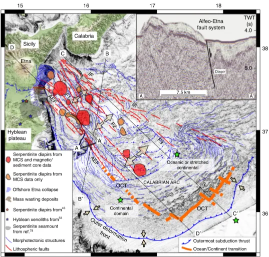 Fig. 5 Structural map of the Western Calabrian Arc subduction complex with distribution of tectonically controlled serpentinite diapirs