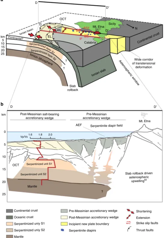 Fig. 8 Schematic block diagram and cross section of the Western Calabrian Arc. a Block diagram of the Western Calabrian Arc subduction complex showing relationships between deep slab, transtensional faults, serpentinite diapirs, and Mt