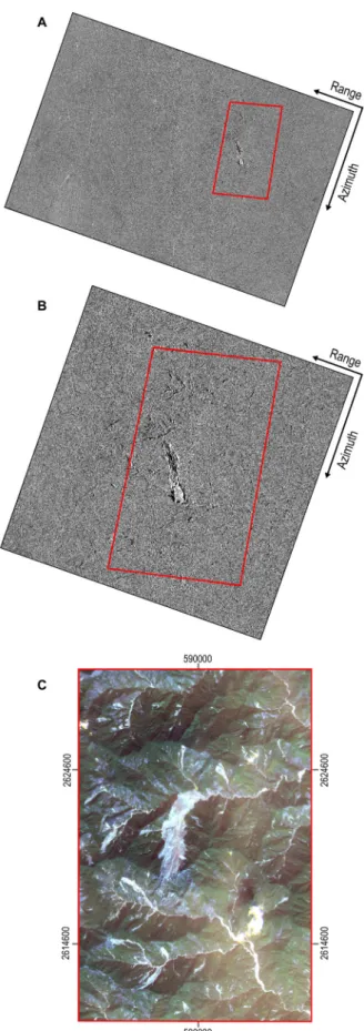Fig. 4. Gigantic, rainfall-induced Tozang landslide, Myanmar, July 2015. (A) In radar azimuth – range coordinates, image shows natural logarithm of the ratio  between post-event and pre-event  β 0  radar brightness coefficient of VV polarised, C-band, ESA 
