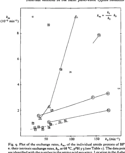 Fig. 9. Plot of the exchange rates, k m , of the individual amide protons of BPTI v. their intrinsic exchange rates, k 3 , at 68 °C, p 2 H 3-5 (see Table 1)