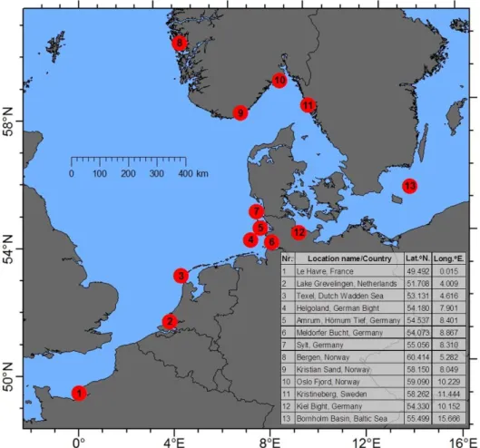 Figure 3.1 Network of monitoring stations and regions in Northern Europe for the invasive  comb jelly Mnemiopsis leidyi