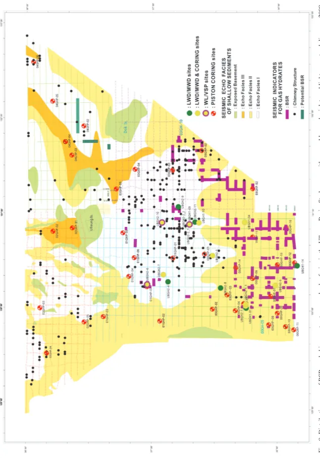 Fig. 8. Distribution map of BSRs and chimney structures, and echo-facies in the Ulleung Basin