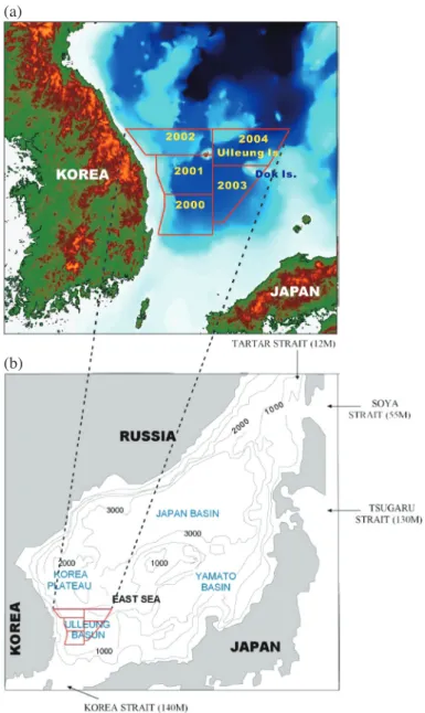 Fig. 1. Physiographic map of the East Sea and the surrounding region. Box indicates study area expanded in (b).