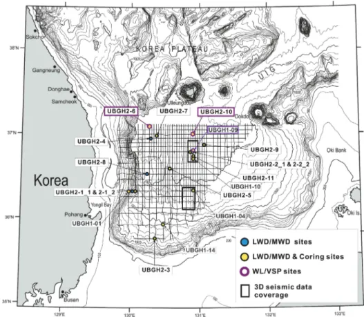 Fig. 2. UBGH site map depicting the location of drill sites, bathymetry, 2-D seismic lines collected in 2005, and 3-D survey areas (modified from  Ryu et al