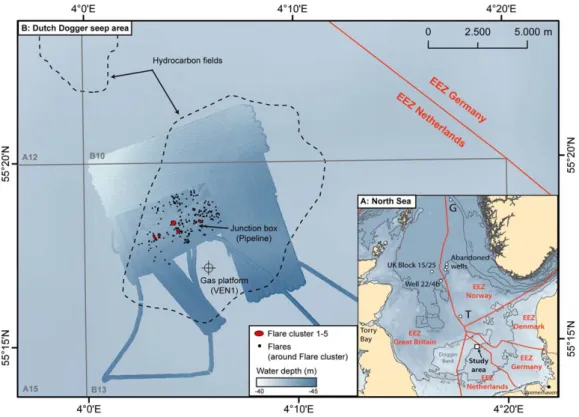 Figure 1. (a) Overview map of the North Sea including locations of the main seep areas and the study area located at the eastern edge of the Dogger Bank in the Netherlands EEZ