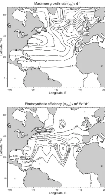 Figure 5. Spatially varying estimates for the phytoplankton max- max-imum growth rate (µ m in unit day −1 ) and photosynthetic  effi-ciency (α phot , in m 2 W −1 day −1 ) used in a 3-D modelling study of the North Atlantic (Losa et al., 2006)