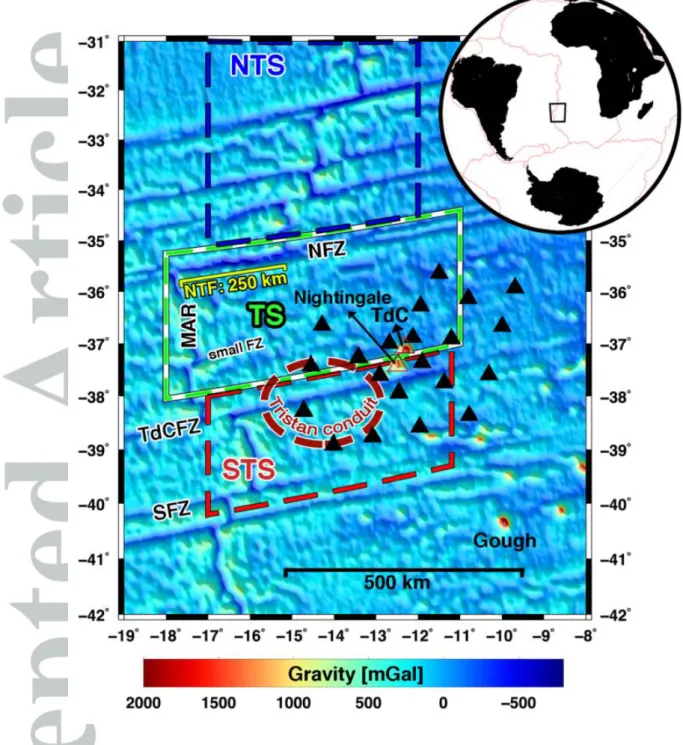 Figure 1: Satellite gravity map (Sandwell et al., 2014) of the study area, including locations  of OBS (black triangles) and land stations (Nightingale and TdC: red framed triangles)