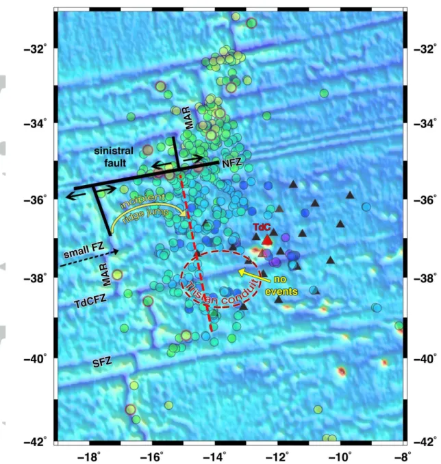 Figure 9: Overview map with main interpretations: Border of the Tristan da Cunha conduit  (Schlömer et al., 2017) coincides with an aseismic area
