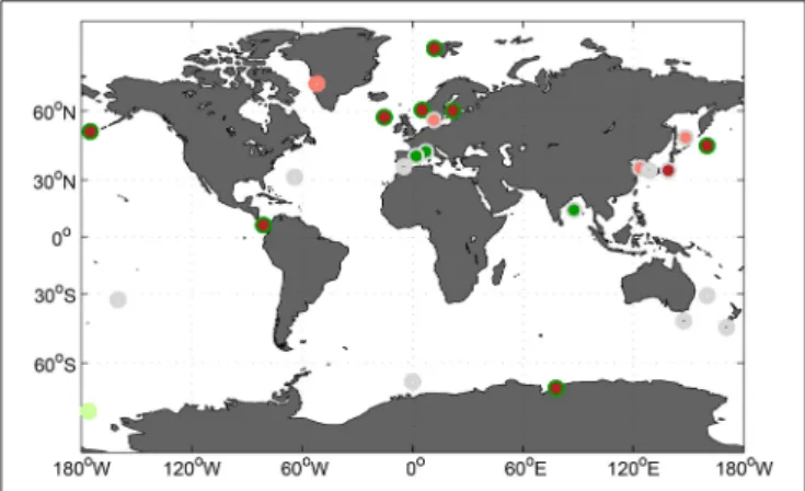FIGURE 6 | Geographical distribution of all phytoplankton community composition experiments listed in Table 1