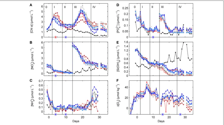 FIGURE 3 | Temporal dynamics of depth-integrated (0–23 m) Chla (A), nitrate (B), ammonium (C), phosphate (D) and silicate concentrations (E) inside the fjord and the mesocosms