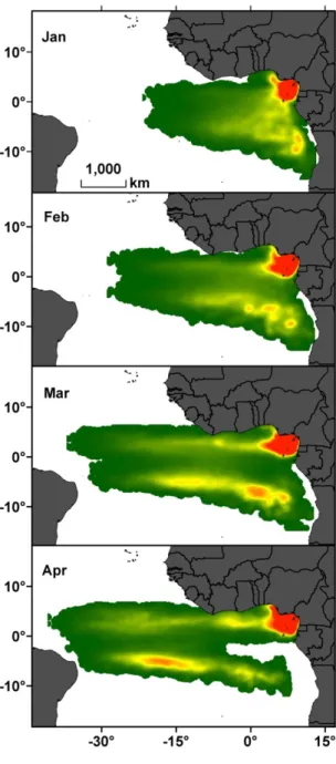 Figure   S2.   Seasonal   variation   in   westward   propagation.     For   each   month   during   the hatchling season (January-April) the dispersion densities of hatchlings (from highest to lowest density: red to green) from Gabon are plotted after thr