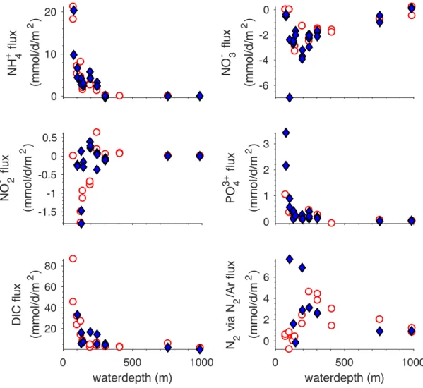 Fig. 1: Preliminary in situ fluxes of various solutes across the sediment water interface