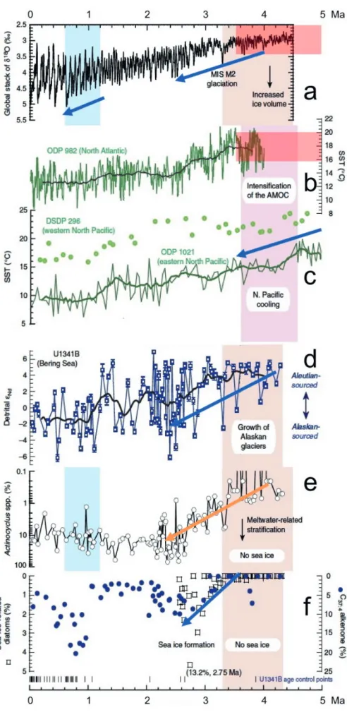 Fig. 3: Compilation of data sets documenting the  role of Bering Strait throughflow in Late Pliocene  climatic developments (modified from h orikaWa