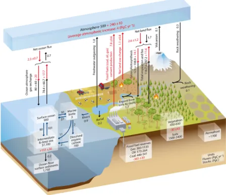 Figure 1.1: Schematic representation of the global carbon cycle. Black numbers within the boxes indicate the pre-industrial (before 1750) reservoir-sizes