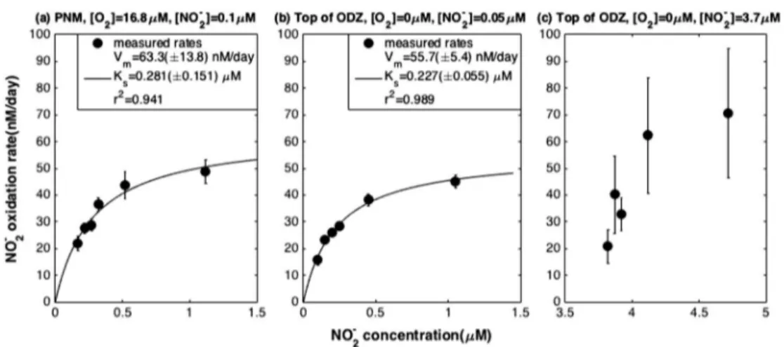 Figure 3. O 2 dependence of relative NO 2  oxidation rates at the top of the ODZs. In situ [O 2 ], [NO 2  ], and the inhibition equations were shown for 89 m at station 8 ( ﬁ lled triangles) and 185 m at station 14 (open circles).