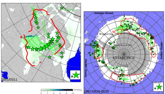 Figure 2.9: Enhanced BrO (red isolines) and PFF trajectories over the Hudson Bay at March 11, 2001 (left) and the Antarctic ocean (right) where maximum values of two consecutive days are shown: August, 28-29 (PFF) and 29-30 (BrO)
