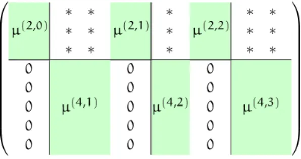 Figure 2: Shape of a filtration matrix in AmM 1 (V 0 ) for V 0 = V (2) ⊕ V (4) with Hodge levels 0, 1, 2, 3.