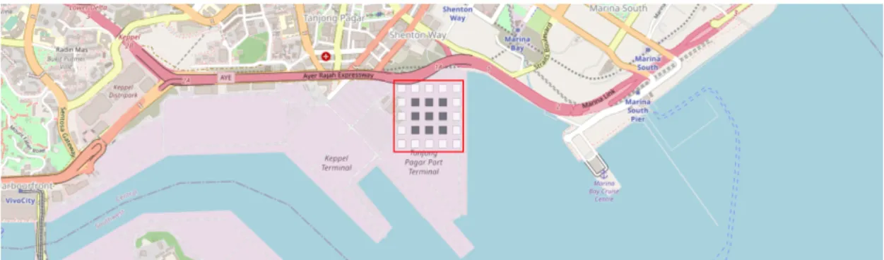 Figure 3.4: Hypothetical district location: Tanjong Pagar, Singapore. Dark-grey: target buildings