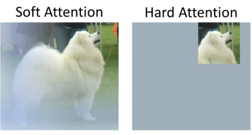 Figure 2.3: The Figure compares the result of applying soft attention and hard attention masks to the input image