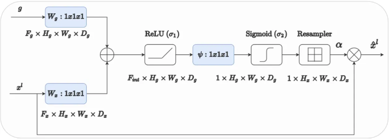 Figure 2.4: The Figure shows an attention gate. It filters the input feature representation x l by attention coefficients α, which are learned by the attention gate