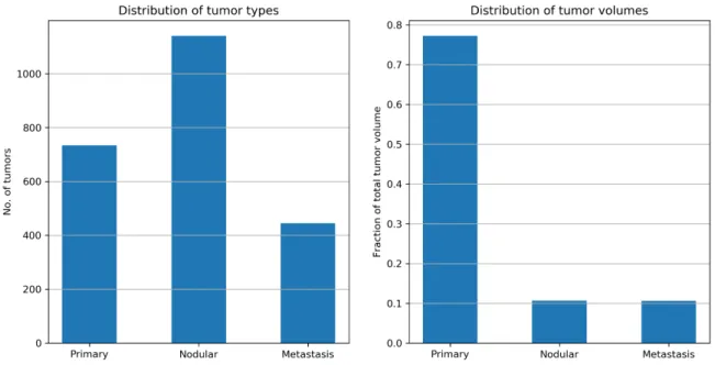 Figure 3.3: (Left) Distribution of tumor types. There exist three different types of tumor: primary, nodular and metastasis