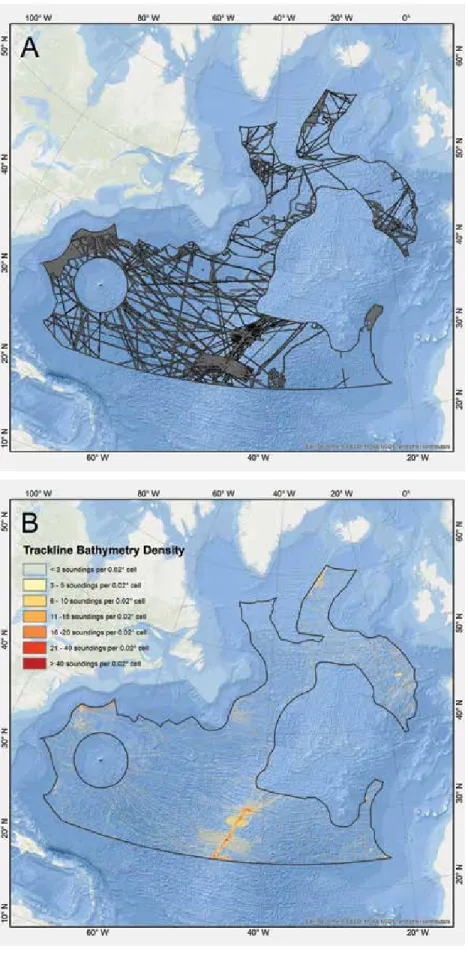 Figure 1: Overview  map of the study area  showing available  multibeam data  coverage from the  Global Multi-Resolution  Topography Synthesis  (GMRT), National Centers  for Environmental  Information (NCEI),  EMODnet and from  Spanish and Portuguese  nati