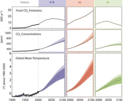 Figure  1  Historical  records  and  predictions  for  the  coming  century  of  fossil  CO 2 emissions,  atmospheric CO 2  concentrations and  the  global  mean  temperature  of  19  models
