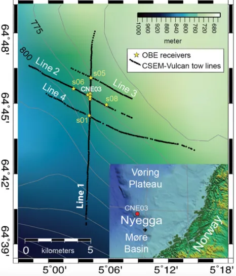 Figure 1. A map showing the CSEM survey layout along the CNE03 pockmark. Eight UoS OBEs deployed around the CNE03 pockmark