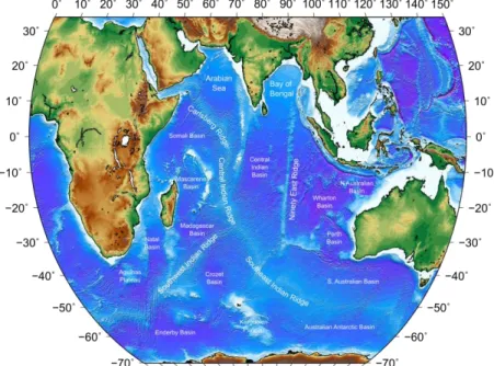 Fig. 1: Map of the Indian Ocean.(map provided by C. Berndt, GEOMAR; based on bathymetry data from Smith  and Sandwell, Science, 277, 1956-1962, 1997).