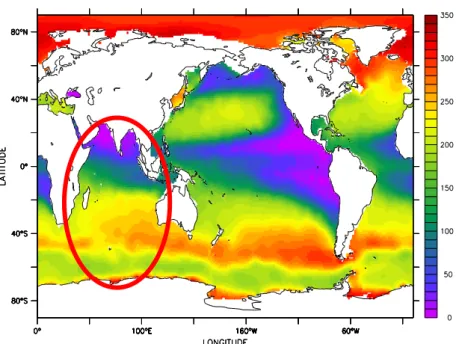 Fig. 11: O 2  (µM) at 400 m depth, data from World Ocean Atlas. 