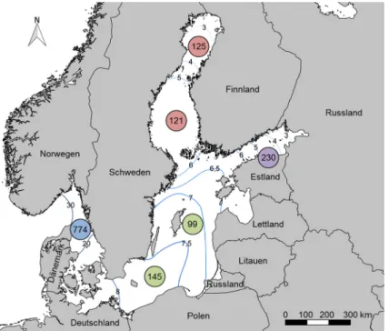 Abb. 4.11-1: Übersichtskarte der  Ostsee. Werte in Kreisen zeigen  die Anzahl der limnischen und  marinen Makrofauna-Arten nach  Ojaveer (2010)