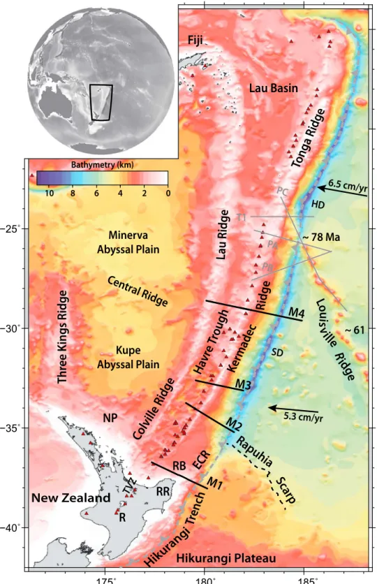 Figure 1. Bathymetric map displaying the regional tectonic setting of the Tonga-Kermadec subduction zone [IOC et al., 2003]
