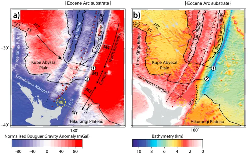 Figure 14. Summary of structural domains interpreted from the tectonic reconstruction in Figure 13 shown against (a) Bouguer gravity anomalies and (b) bathyme- bathyme-try