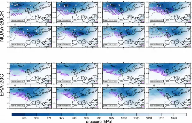 Figure S1: Storm on 23/24. November 1928 as represented in NOAA-20CR (top panel) and ERA-20C  (bottom panel)