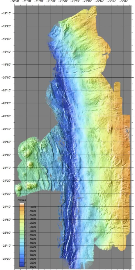 Fig. 6: Shaded relief map of the continental slope offshore northern Chile showing the extent of  area mapped during SO244 Leg1