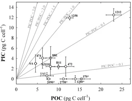 Fig 2. Particulate organic and inorganic carbon cell quota proportions for the 13 strains