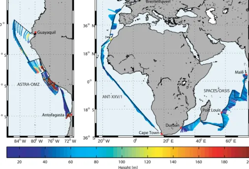 Figure 1. Cruise tracks (black) of ANT-XXV/1 (November 2008, eastern Atlantic Ocean), SPACES/OASIS (June–July 2014, Indian Ocean) and ASTRA-OMZ (October 2015, eastern Pacific Ocean)