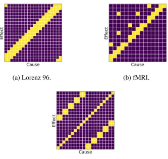 Figure 5: Adjacency matrices of Granger-causal summary graphs for Lorenz 96, simulated fMRI, and multi-species Lotka–Volterra time series