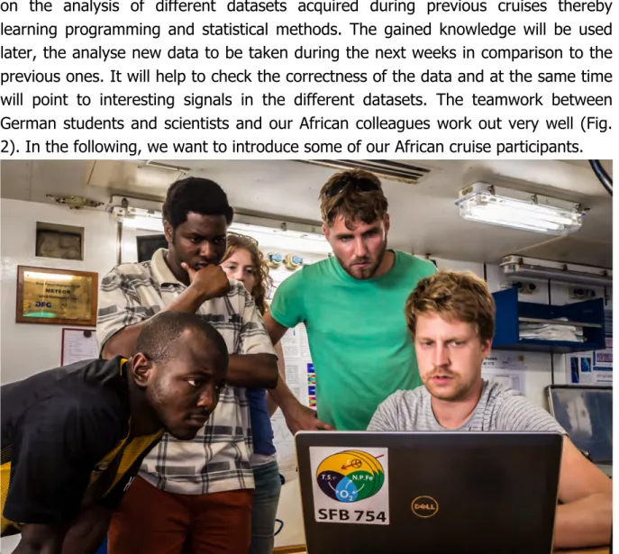 Abb.  2:  Common  analysis  of  the  acquired  data.  From  left:  Blessing  Kamwi,  Rodrigue  Anicet  Imbol  Koungue, Megan Metcalfe, Robert Kopte, Soeren Thomsen (Photo: SvN)