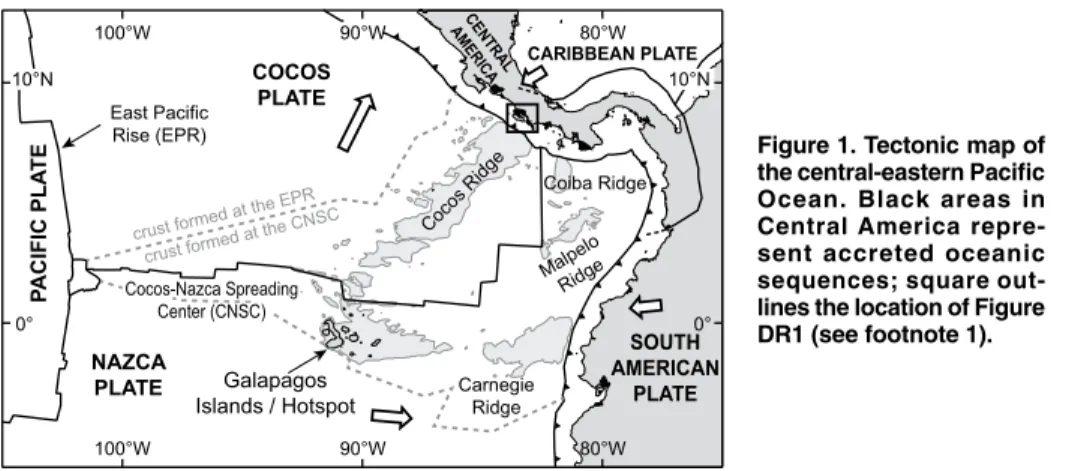 Figure 1. Tectonic map of  the central-eastern Pacific  Ocean. Black areas in  Central America  repre-sent accreted oceanic  sequences; square  out-lines the location of Figure  DR1 (see footnote 1).