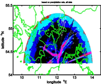 Figure  2.  Mean  rain  rates  derived  by  applying  Equation  (1)  to  Rostock  radar  reflectivities  of  the  volume scan of the lowest available level