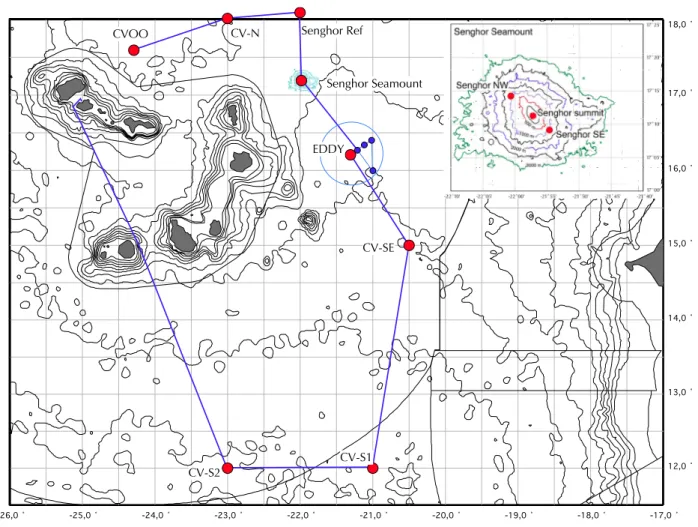 Fig. 4.1  MSM 49 study sites and cruise track. Inset: Senghor Seamount stations.