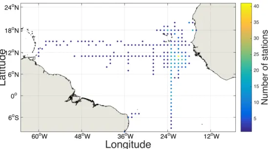 Figure 2: Study area in the tropical Atlantic. Stations are pooled on a 1 degree grid; each dot  represents a grid location where UVP5 data were available